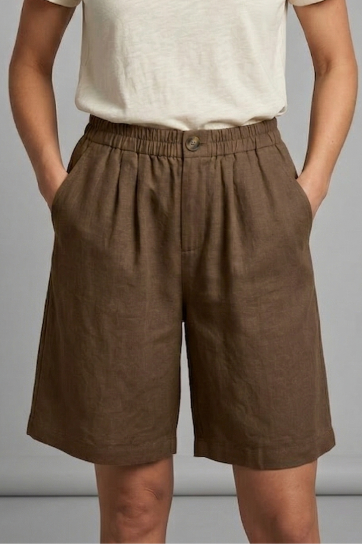 Women's Relaxed Linen Shorts with Elastic Waist and Pockets Brown