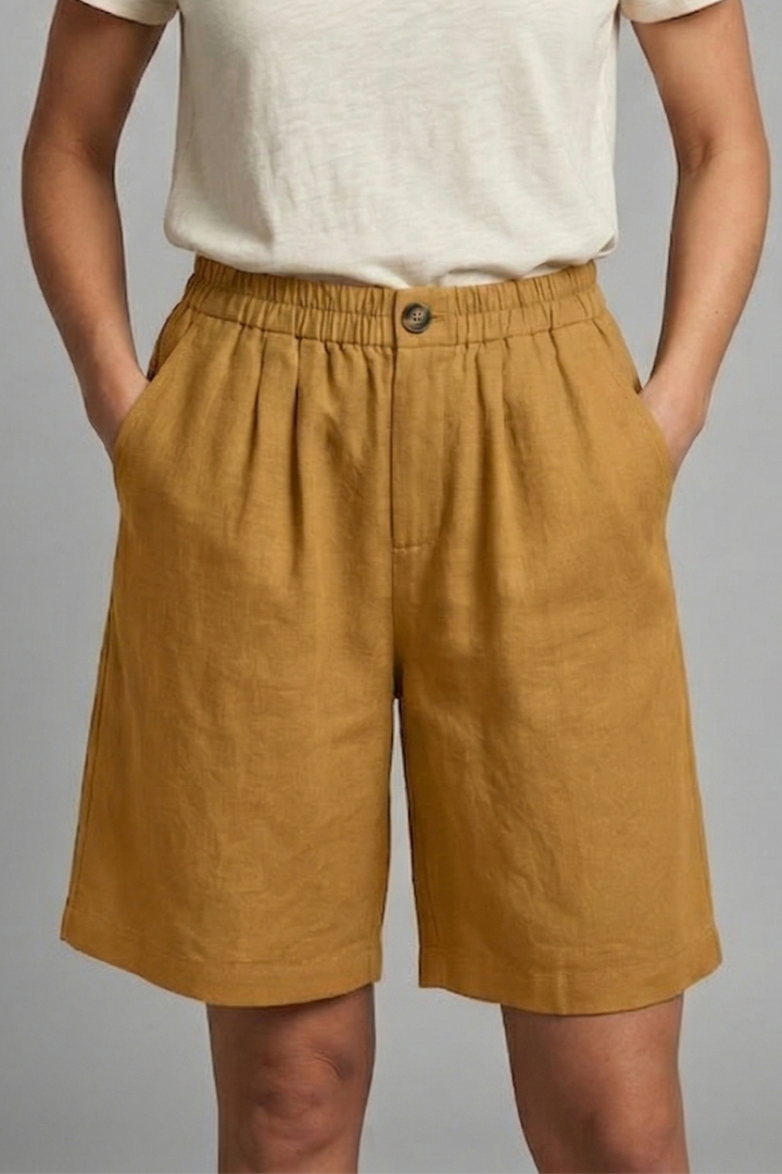 Women's Relaxed Linen Shorts with Elastic Waist and Pockets Yellow