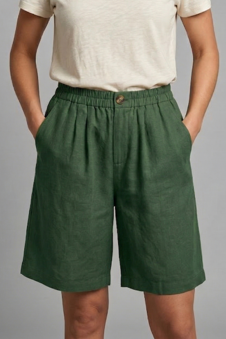 Women's Relaxed Linen Shorts with Elastic Waist and Pockets Green