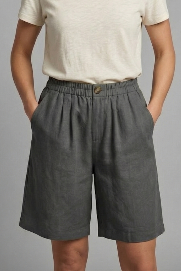 Women's Relaxed Linen Shorts with Elastic Waist and Pockets Gray