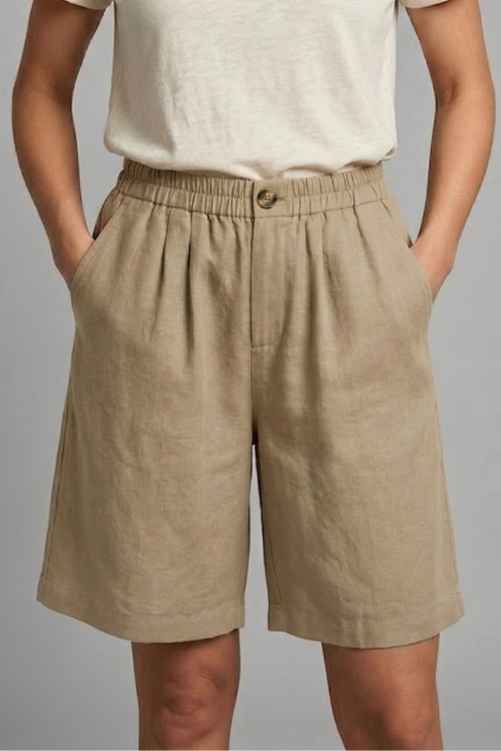 Women's Relaxed Linen Shorts with Elastic Waist and Pockets Khaki
