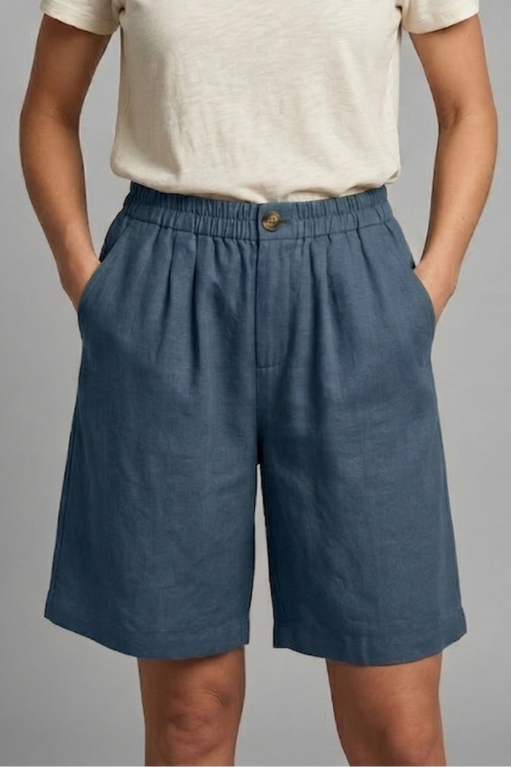 Women's Relaxed Linen Shorts with Elastic Waist and Pockets Blue