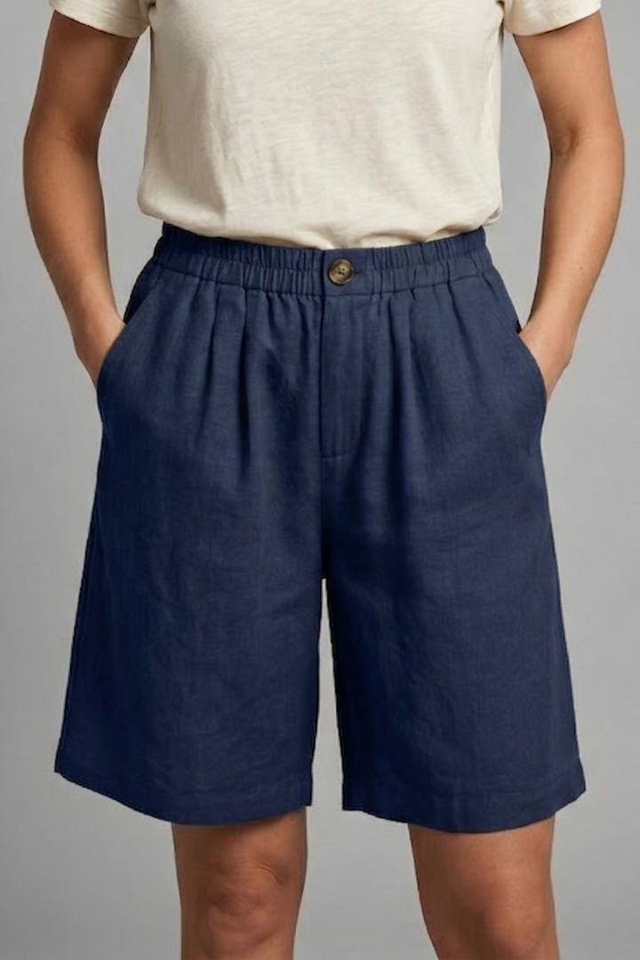 Women's Relaxed Linen Shorts with Elastic Waist and Pockets Navy Blue