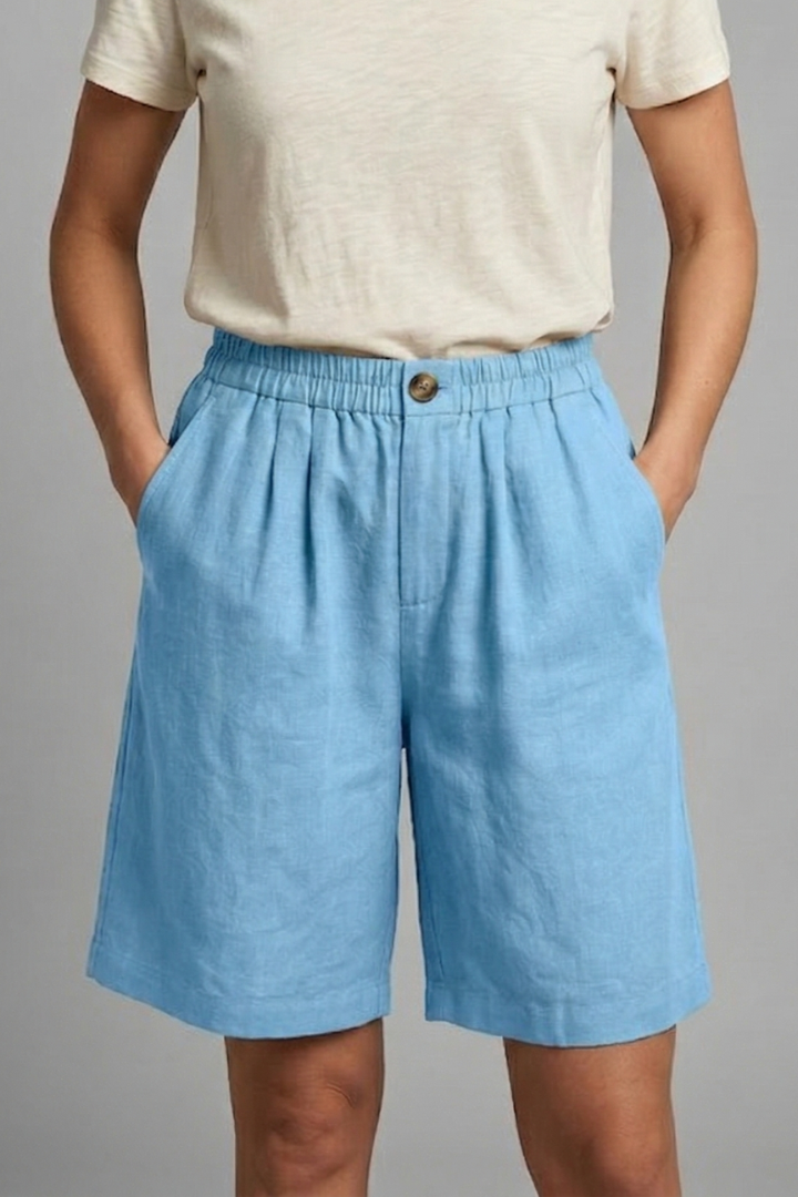 Women's Relaxed Linen Shorts with Elastic Waist and Pockets Sky Blue