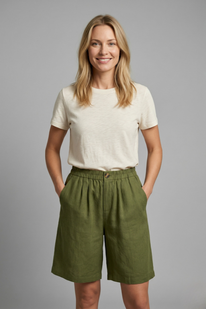 Women's Relaxed Linen Shorts with Elastic Waist and Pockets Army Green