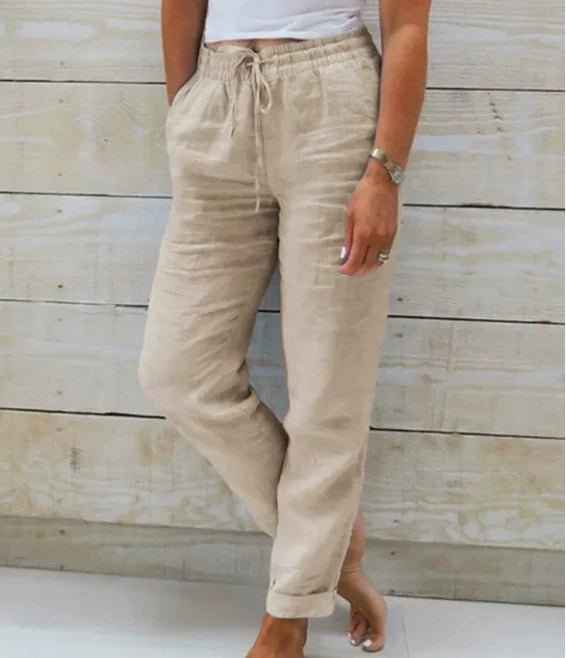 Women's Relaxed Linen Trousers with Drawstring Waist and Straight Leg Khaki