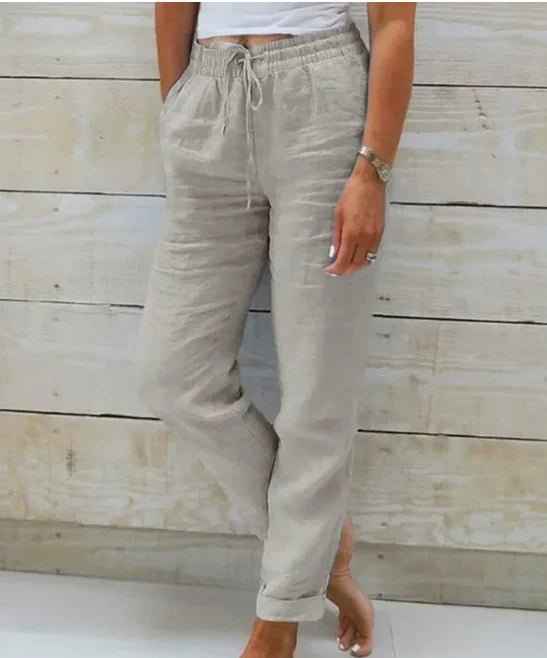 Women's Relaxed Linen Trousers with Drawstring Waist and Straight Leg Gray