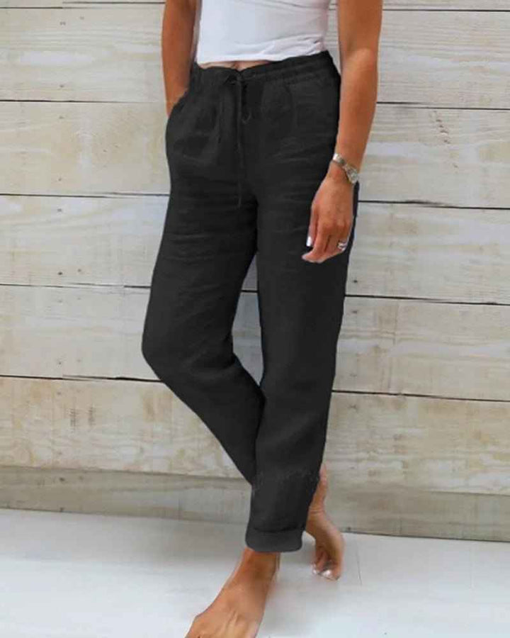 Women's Relaxed Linen Trousers with Drawstring Waist and Straight Leg Black