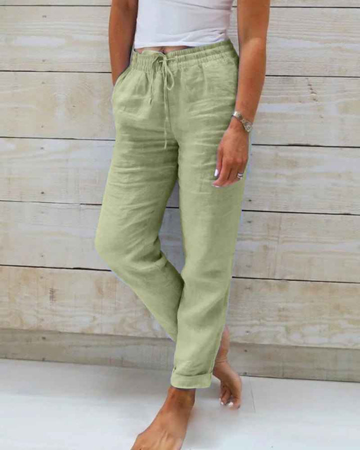 Women's Relaxed Linen Trousers with Drawstring Waist and Straight Leg Green