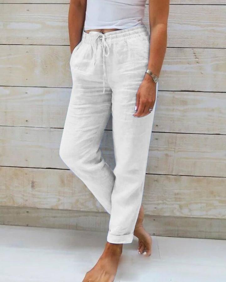 Women's Relaxed Linen Trousers with Drawstring Waist and Straight Leg White