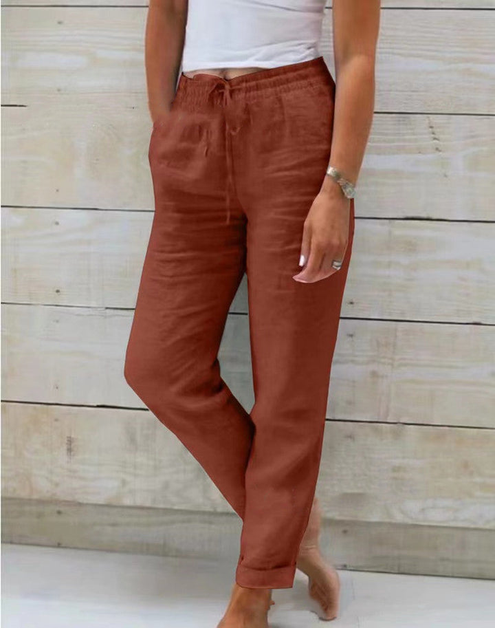 Women's Relaxed Linen Trousers with Drawstring Waist and Straight Leg Brown