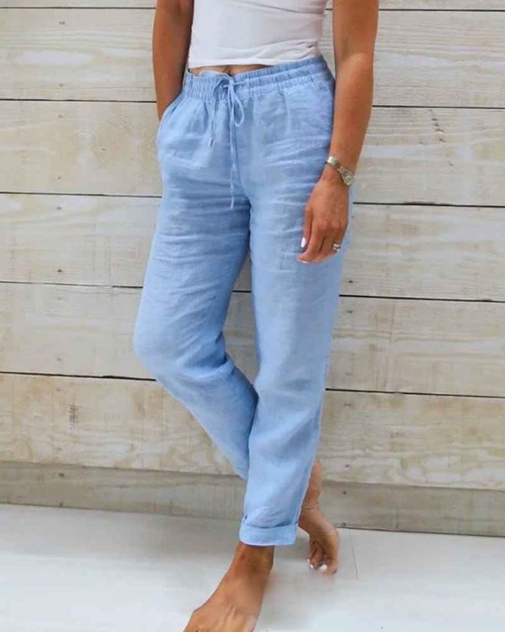 Women's Relaxed Linen Trousers with Drawstring Waist and Straight Leg Blue
