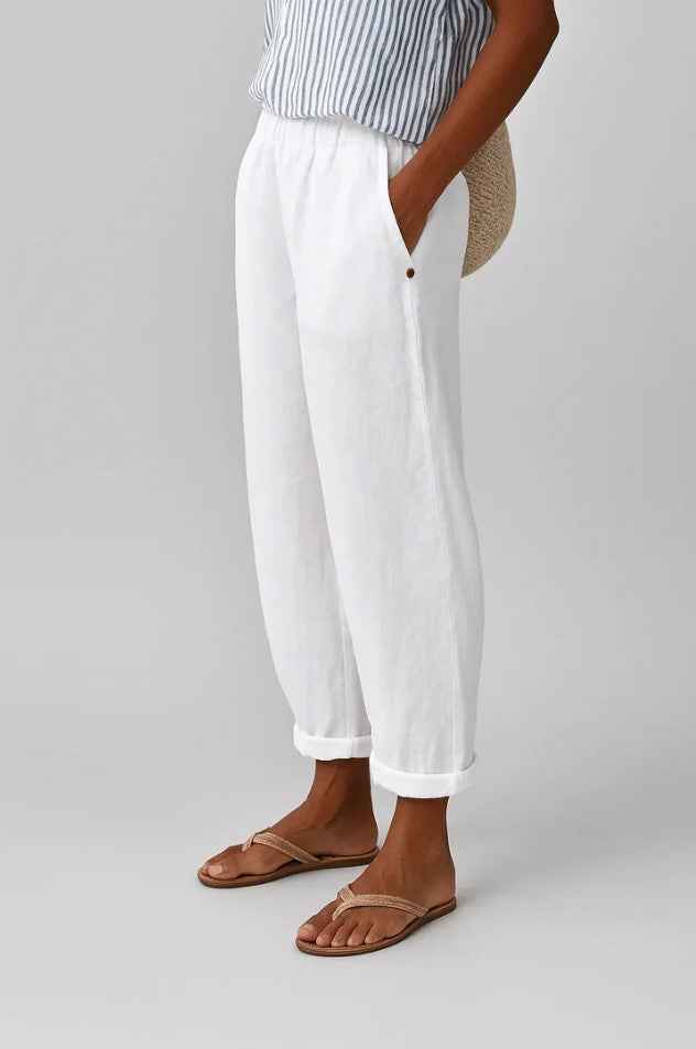 Women's Relaxed Linen Trousers with Elastic Waist and Cuffed Hem White