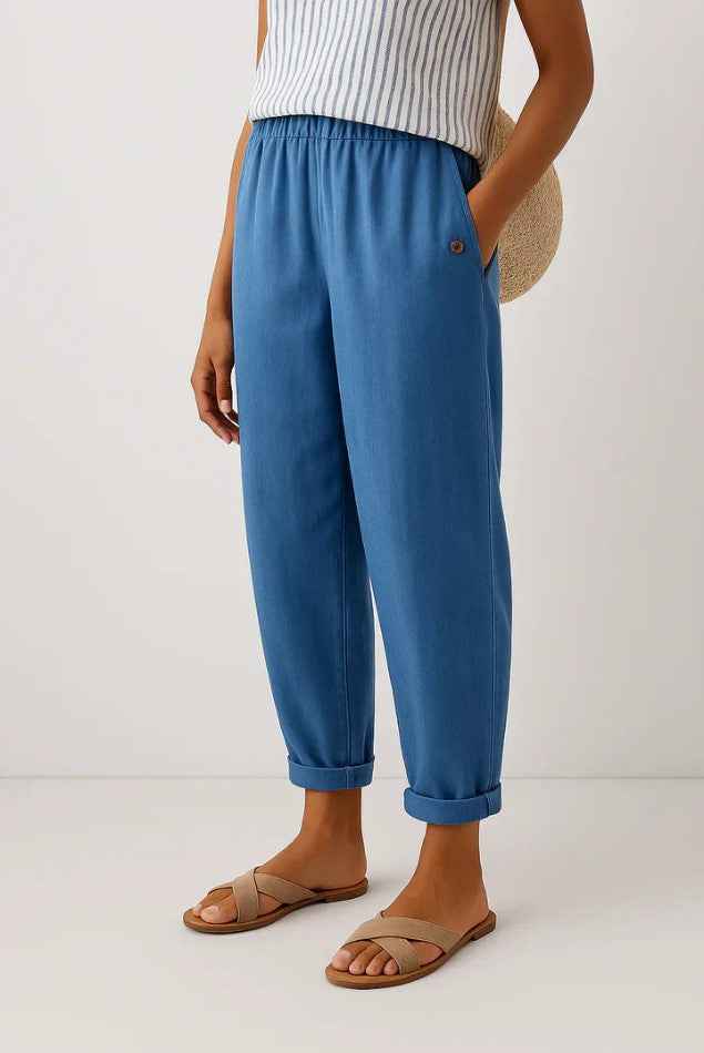 Women's Relaxed Linen Trousers with Elastic Waist and Cuffed Hem Blue