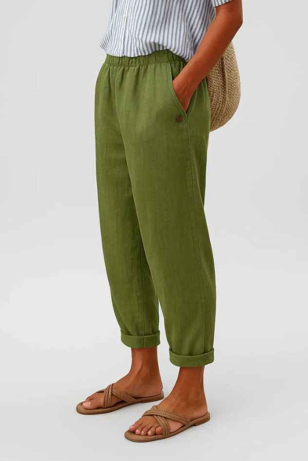 Women's Relaxed Linen Trousers with Elastic Waist and Cuffed Hem Olive Green