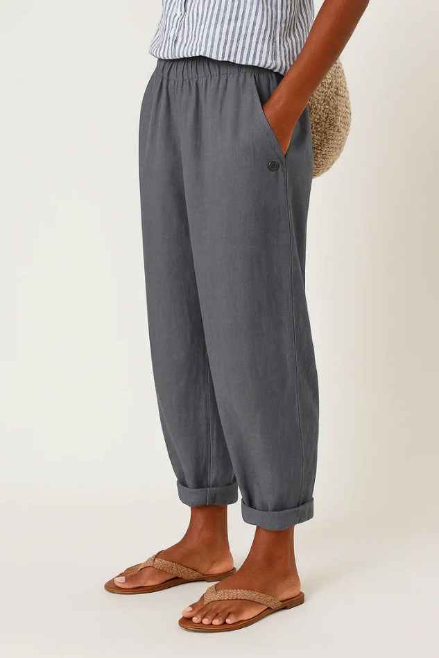 Women's Relaxed Linen Trousers with Elastic Waist and Cuffed Hem Dark Gray