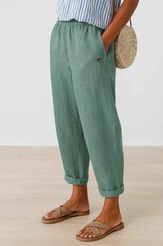 Women's Relaxed Linen Trousers with Elastic Waist and Cuffed Hem Turquoise