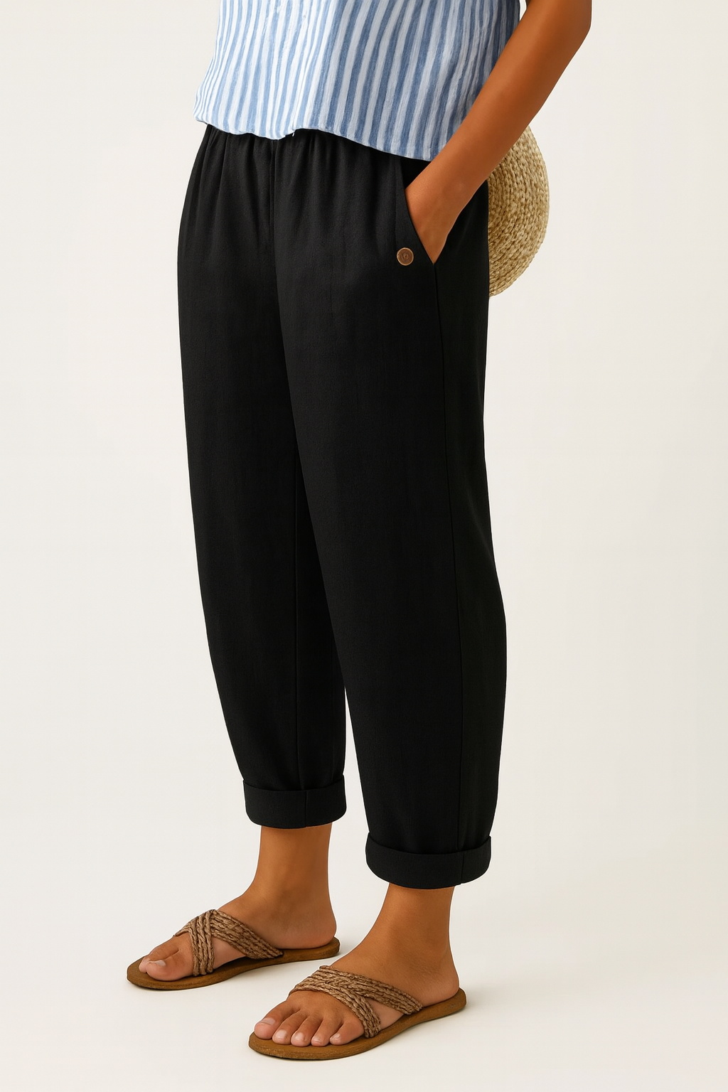 Women's Relaxed Linen Trousers with Elastic Waist and Cuffed Hem Black