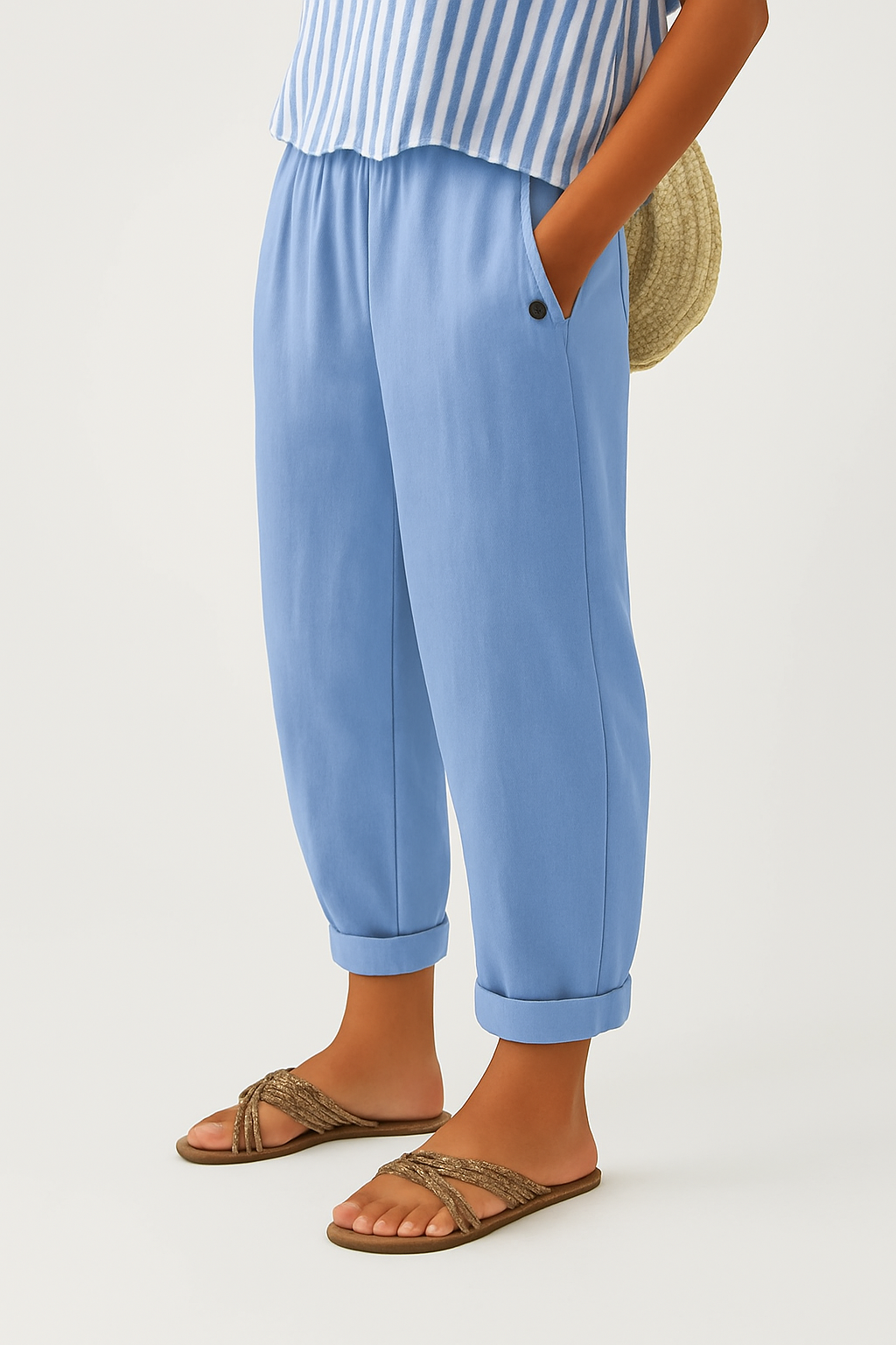 Women's Relaxed Linen Trousers with Elastic Waist and Cuffed Hem Light Blue