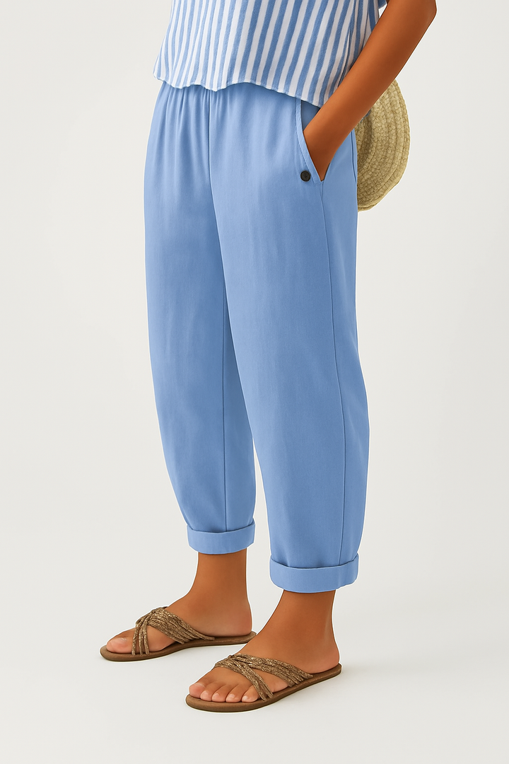 Women's Relaxed Linen Trousers with Elastic Waist and Cuffed Hem Light Blue