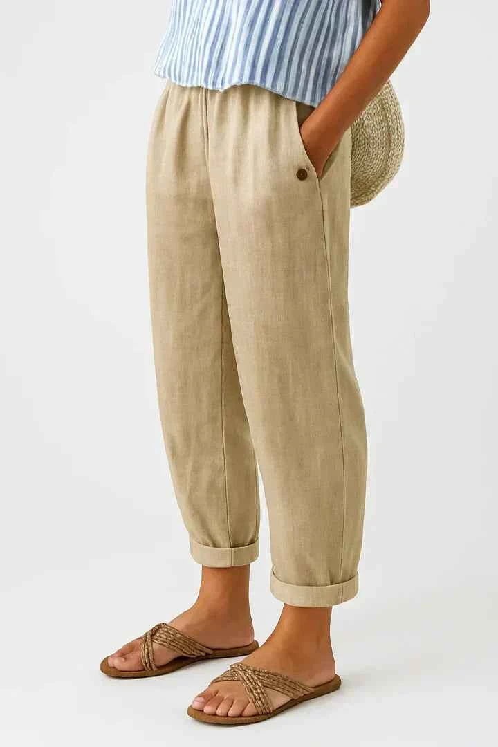 Women's Relaxed Linen Trousers with Elastic Waist and Cuffed Hem Beige