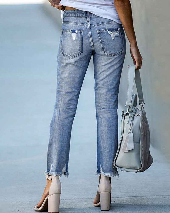 Women's Relaxed Ripped Jeans with Frayed Hem and Straight Leg
