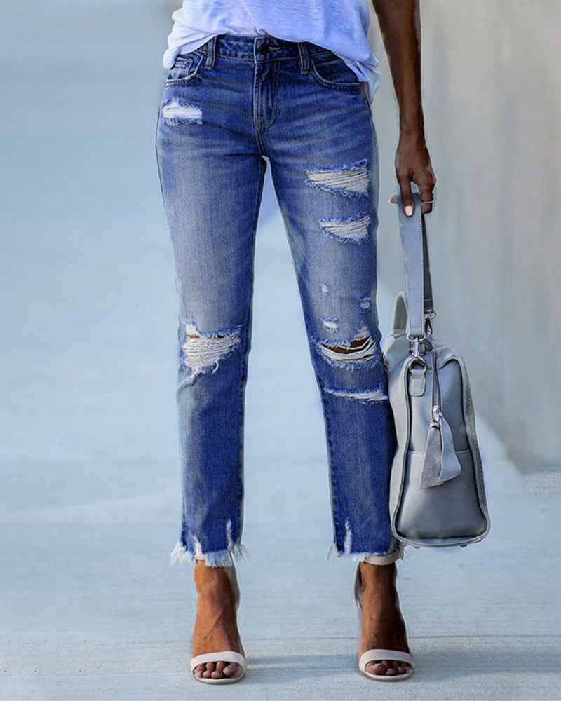 Women's Relaxed Ripped Jeans with Frayed Hem and Straight Leg Dark Blue