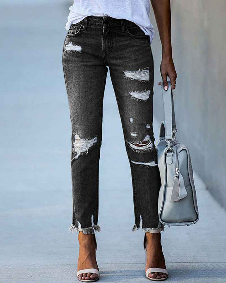 Women's Relaxed Ripped Jeans with Frayed Hem and Straight Leg Black
