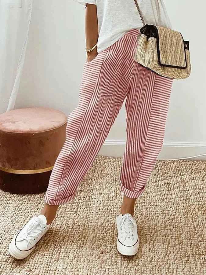 Women's Relaxed Striped Linen Trousers with Elastic Waistband Red