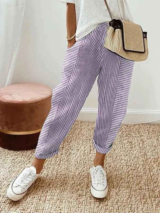 Women's Relaxed Striped Linen Trousers with Elastic Waistband Purple