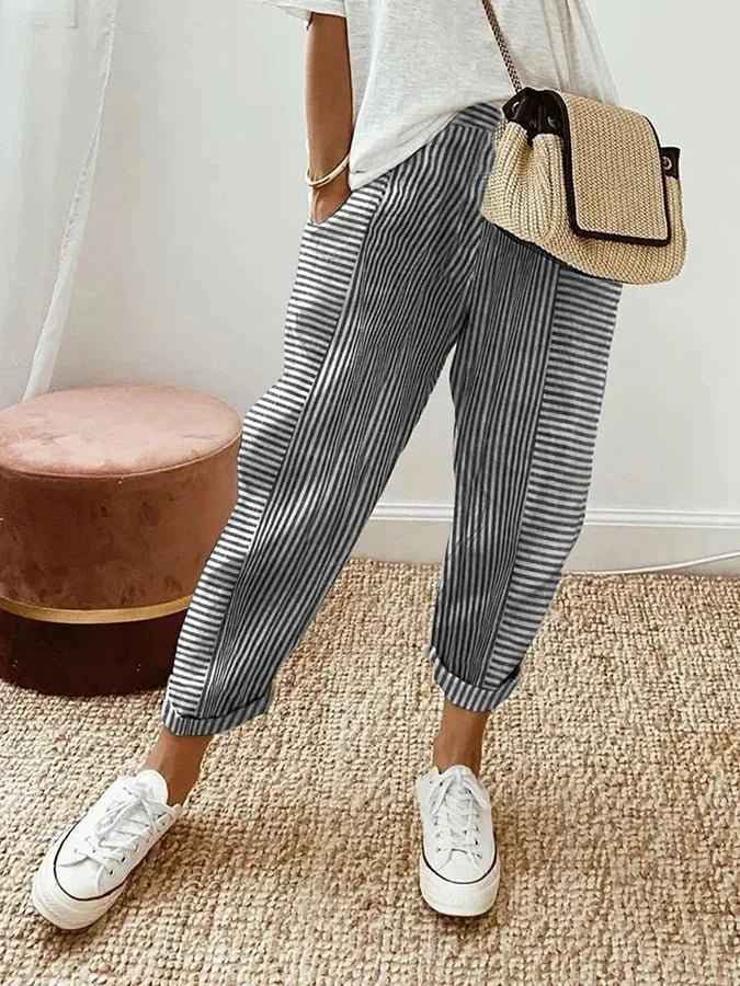 Women's Relaxed Striped Linen Trousers with Elastic Waistband Black