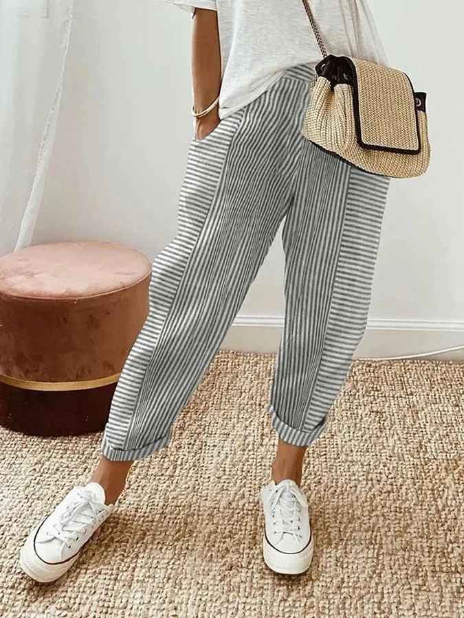 Women's Relaxed Striped Linen Trousers with Elastic Waistband Gray