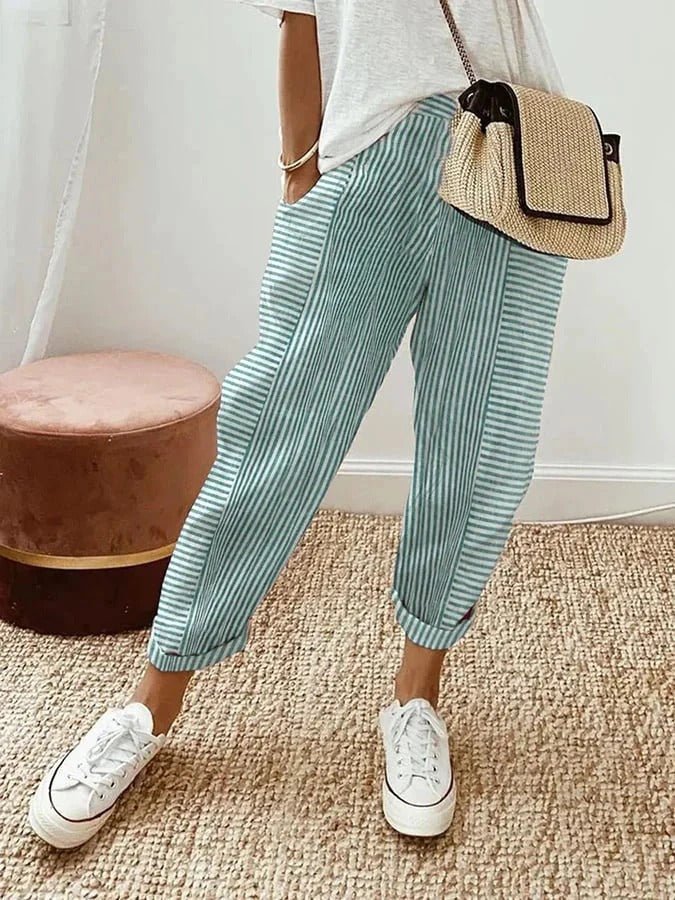 Women's Relaxed Striped Linen Trousers with Elastic Waistband Green