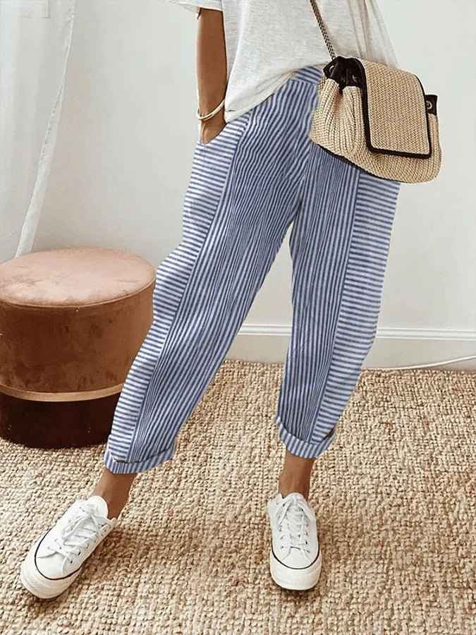 Women's Relaxed Striped Linen Trousers with Elastic Waistband Blue