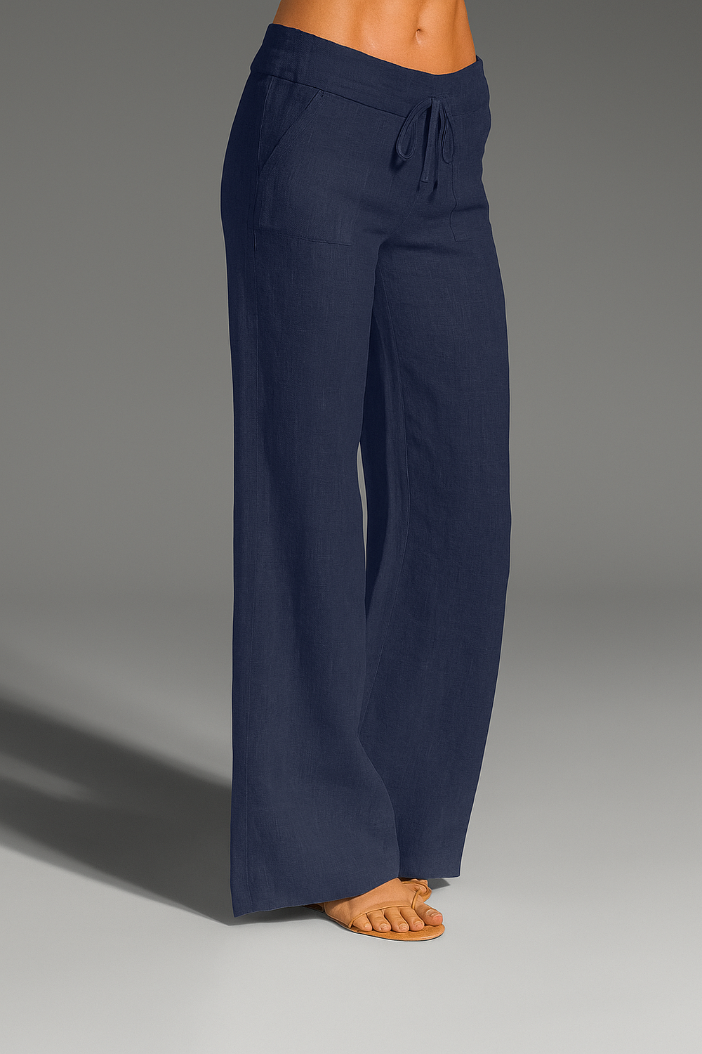 Women's Relaxed Wide Leg Linen Trousers with Drawstring Waist Navy Blue