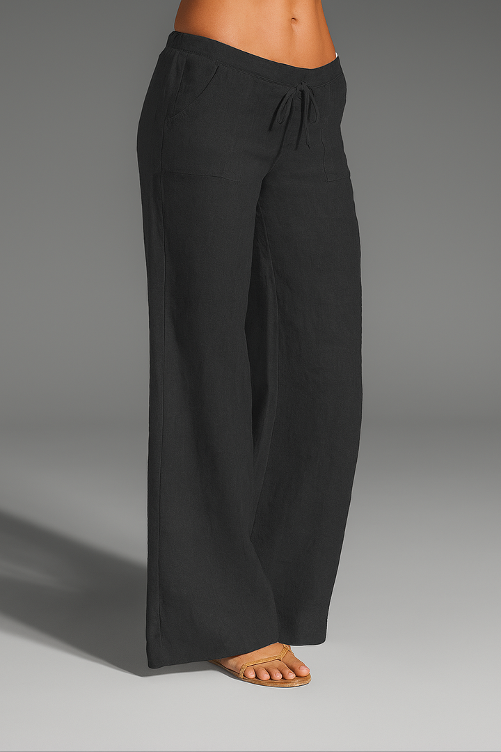 Women's Relaxed Wide Leg Linen Trousers with Drawstring Waist Black