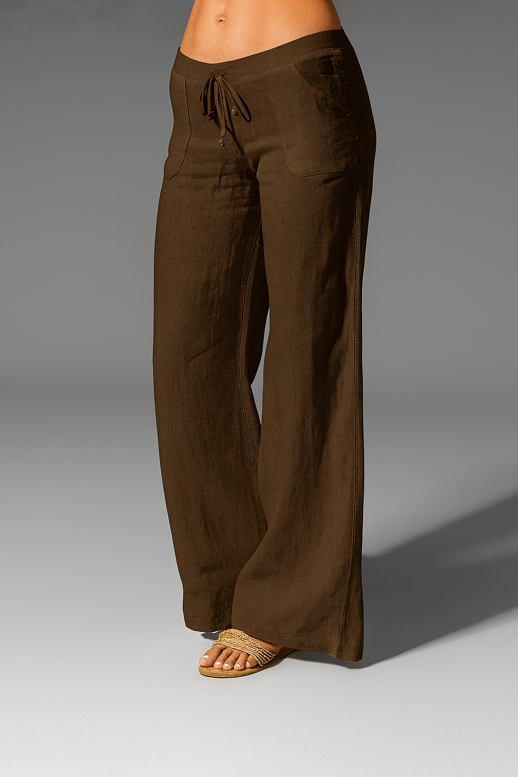 Women's Relaxed Wide Leg Linen Trousers with Drawstring Waist Brown