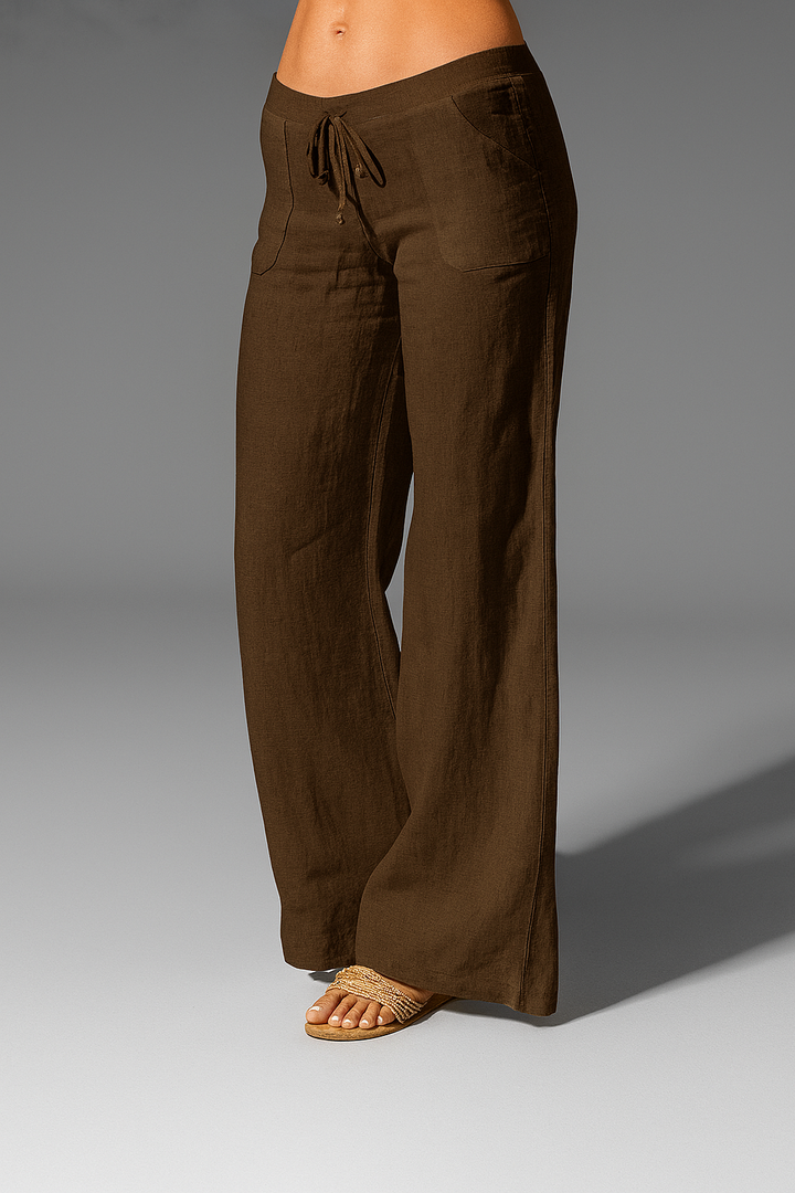 Women's Relaxed Wide Leg Linen Trousers with Drawstring Waist Brown
