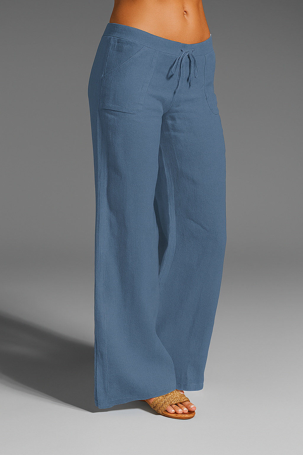 Women's Relaxed Wide Leg Linen Trousers with Drawstring Waist Blue