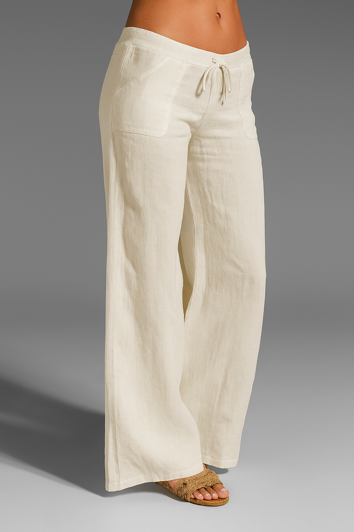Women's Relaxed Wide Leg Linen Trousers with Drawstring Waist Beige