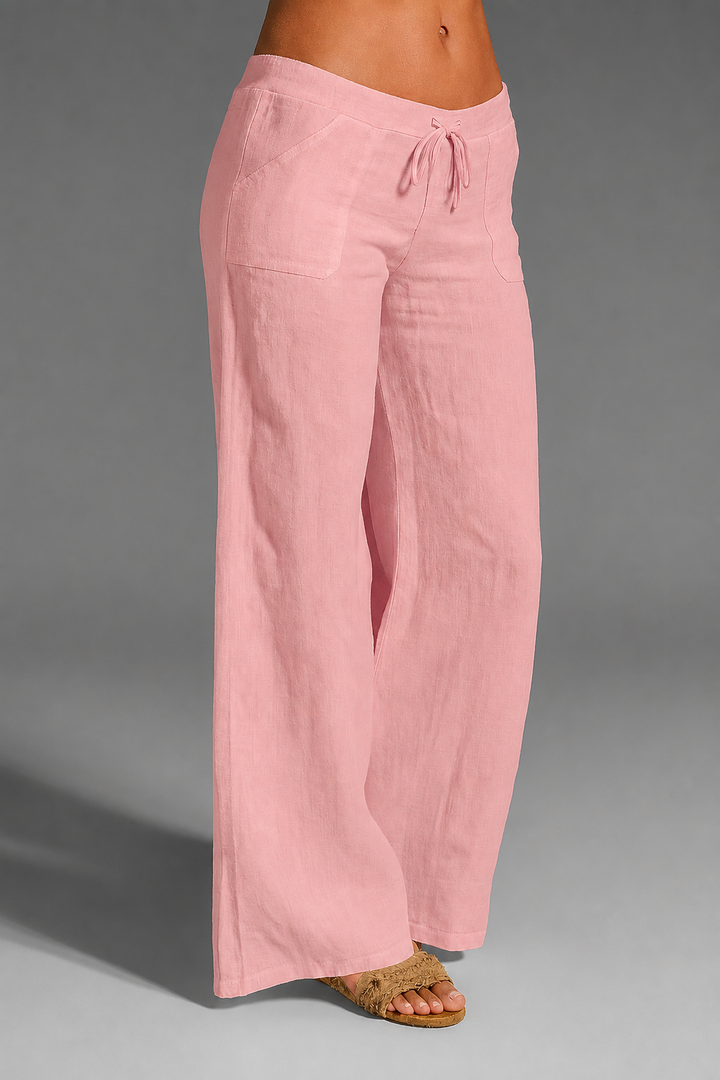 Women's Relaxed Wide Leg Linen Trousers with Drawstring Waist Pink