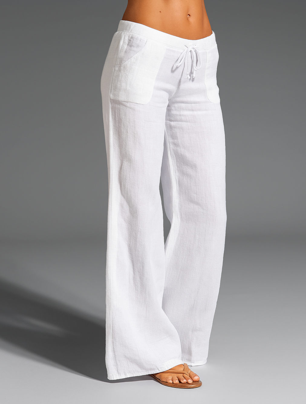 Women's Relaxed Wide Leg Linen Trousers with Drawstring Waist White