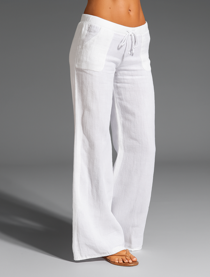 Women's Relaxed Wide Leg Linen Trousers with Drawstring Waist White