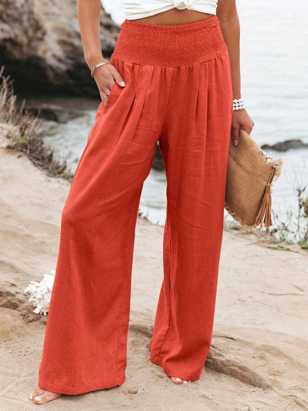 Women's Relaxed Wide Leg Linen Trousers with Smocked Waistband Red
