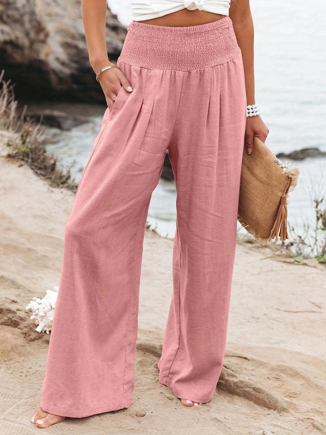 Women's Relaxed Wide Leg Linen Trousers with Smocked Waistband Pink