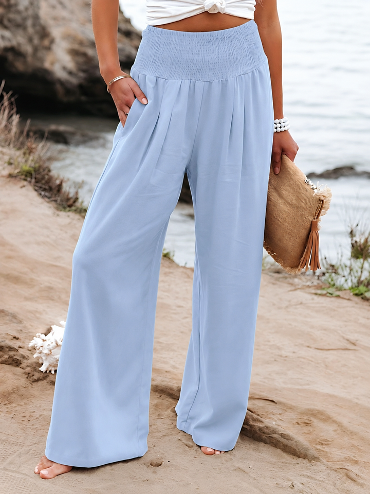Women's Relaxed Wide Leg Linen Trousers with Smocked Waistband Light Blue