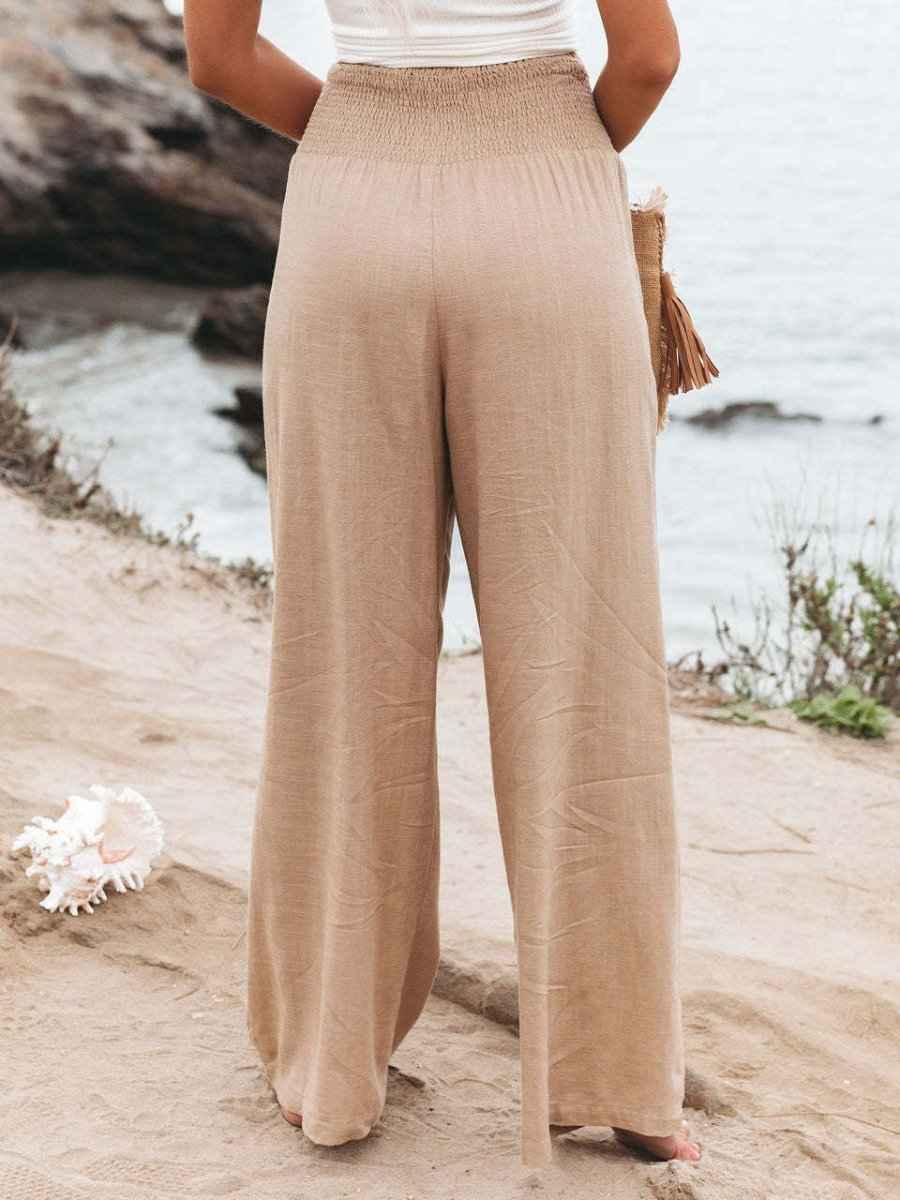 Women's Relaxed Wide Leg Linen Trousers with Smocked Waistband