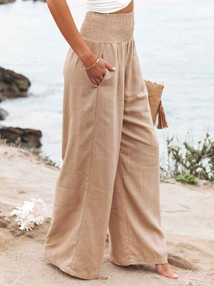 Women's Relaxed Wide Leg Linen Trousers with Smocked Waistband
