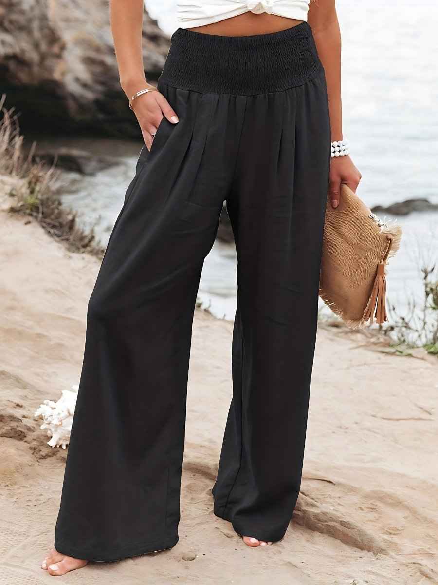 Women's Relaxed Wide Leg Linen Trousers with Smocked Waistband Black