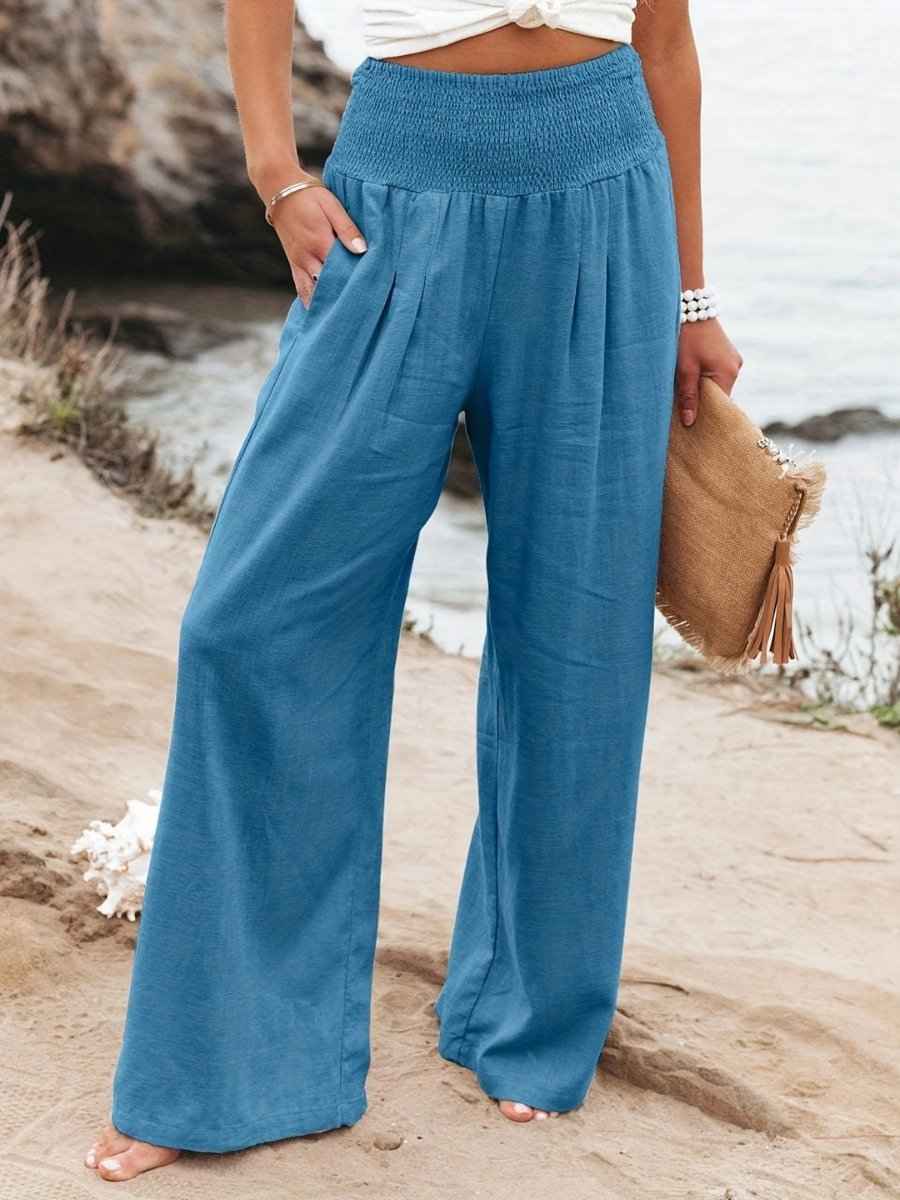 Women's Relaxed Wide Leg Linen Trousers with Smocked Waistband Blue